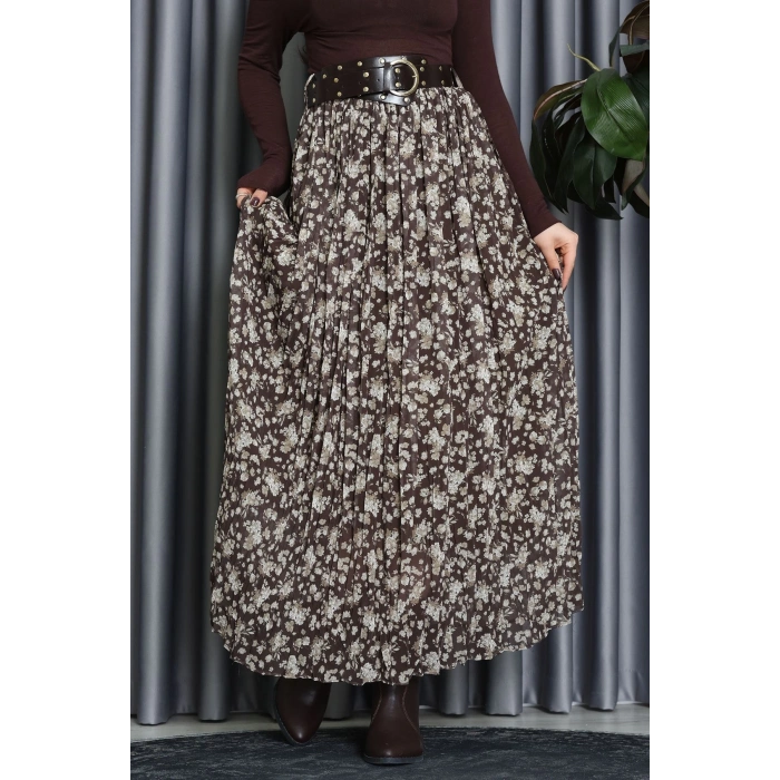 Kemerli Desenli Şifon Astarlı Etek Haki - 71001.1934.