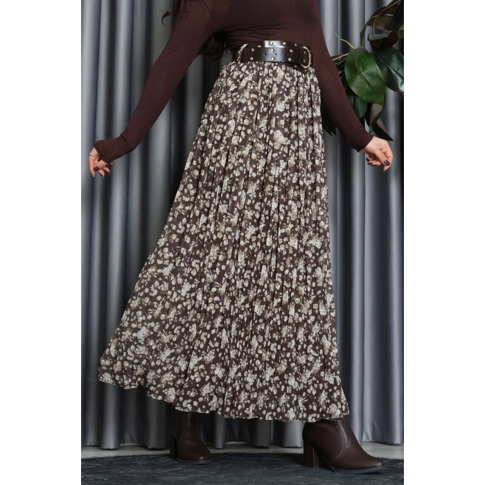 Kemerli Desenli Şifon Astarlı Etek Haki - 71001.1934.