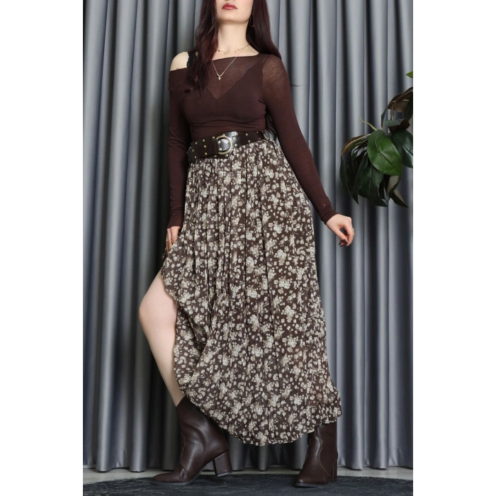 Kemerli Desenli Şifon Astarlı Etek Haki - 71001.1934.