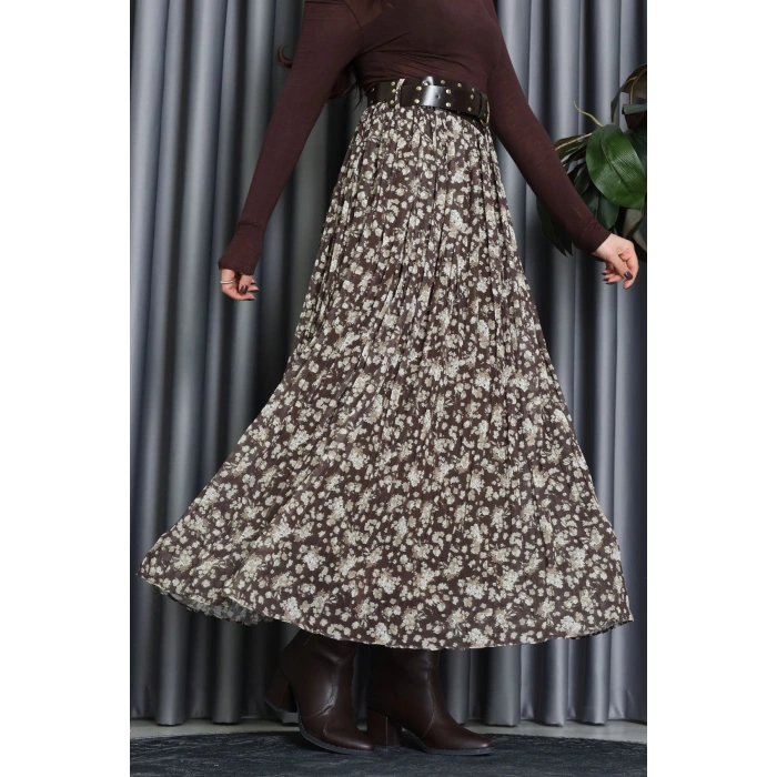 Kemerli Desenli Şifon Astarlı Etek Haki - 71001.1934.