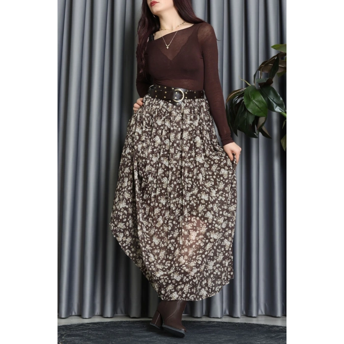 Kemerli Desenli Şifon Astarlı Etek Haki - 71001.1934.