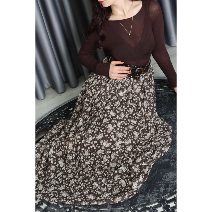 Kemerli Desenli Şifon Astarlı Etek Haki - 71001.1934.