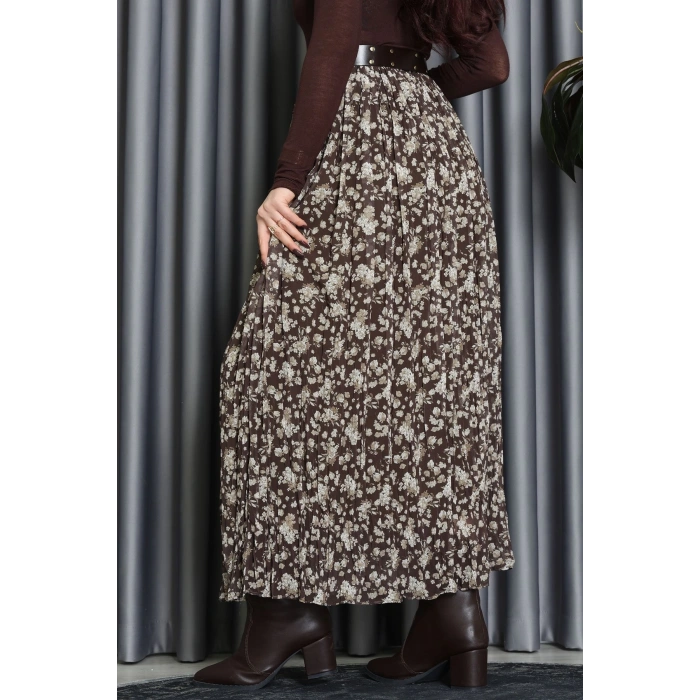 Kemerli Desenli Şifon Astarlı Etek Haki - 71001.1934.