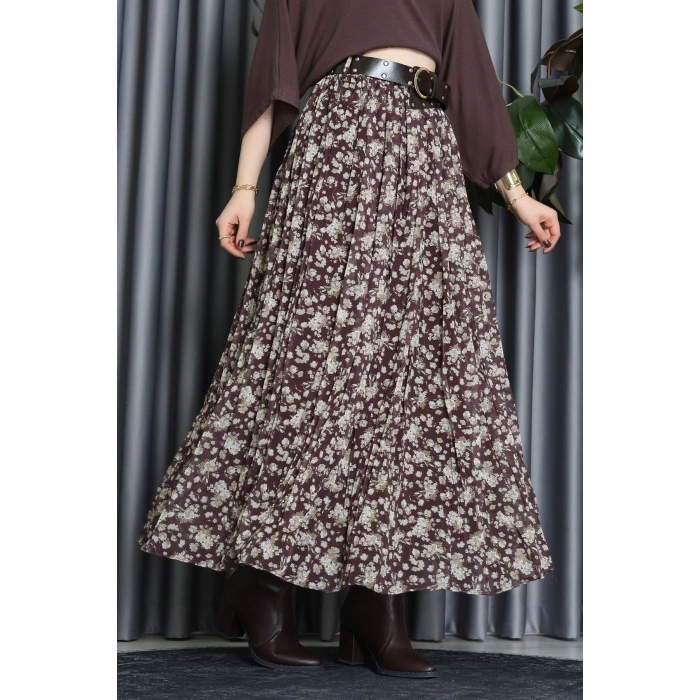 Kemerli Desenli Şifon Astarlı Etek Kahve - 71001.1934.