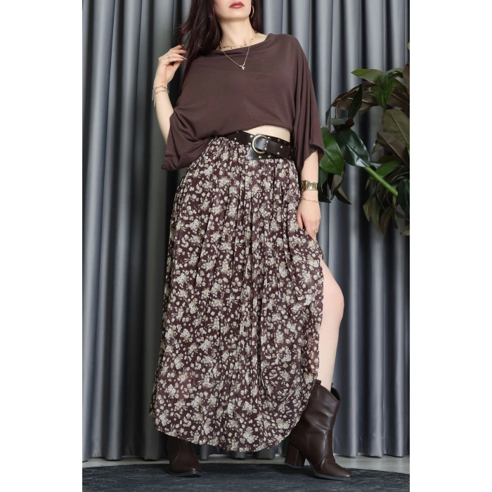 Kemerli Desenli Şifon Astarlı Etek Kahve - 71001.1934.