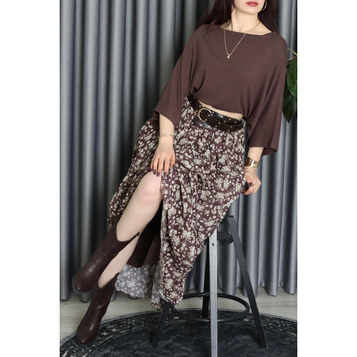 Kemerli Desenli Şifon Astarlı Etek Kahve - 71001.1934.