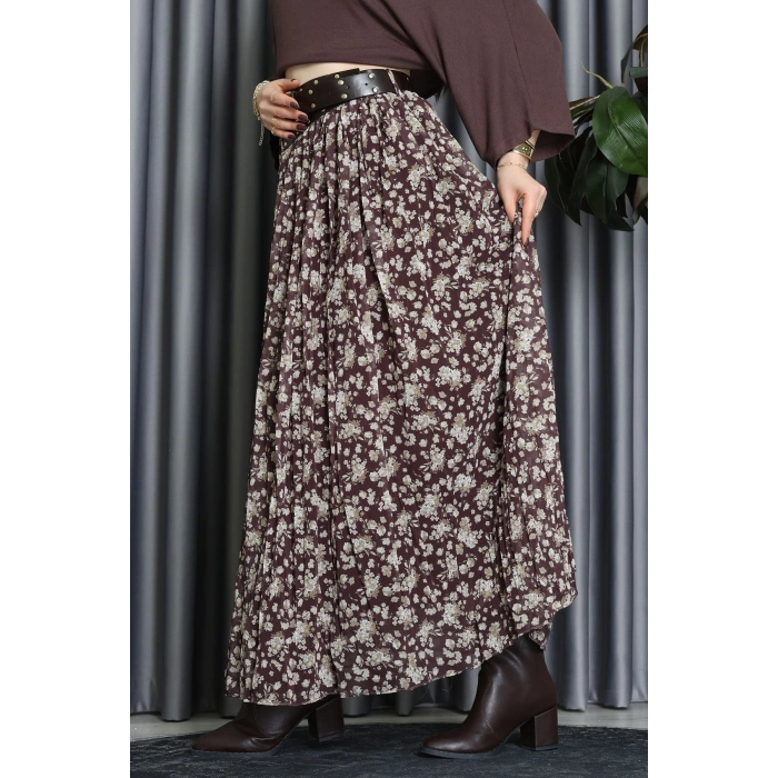 Kemerli Desenli Şifon Astarlı Etek Kahve - 71001.1934.
