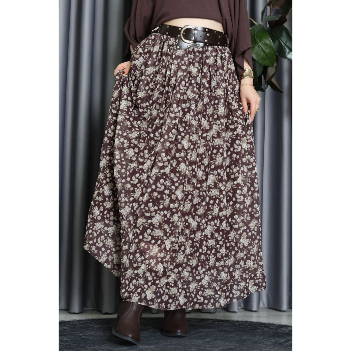 Kemerli Desenli Şifon Astarlı Etek Kahve - 71001.1934.