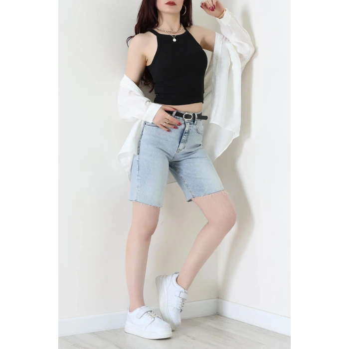 Kemerli Kot Şort Mavi - 2603781.1968.