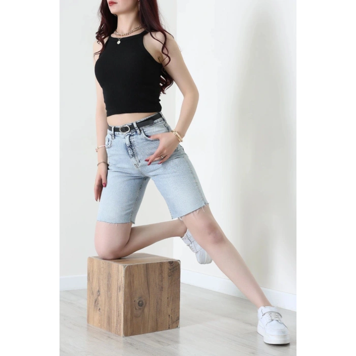 Kemerli Kot Şort Mavi - 2603781.1968.