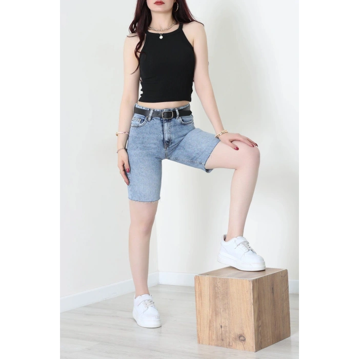 Kemerli Kot Şort Mavi - 2605801.1968.