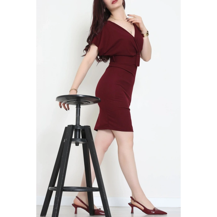 Kemerli Kruvaze Yaka Elbise Bordo - 30264.1592.