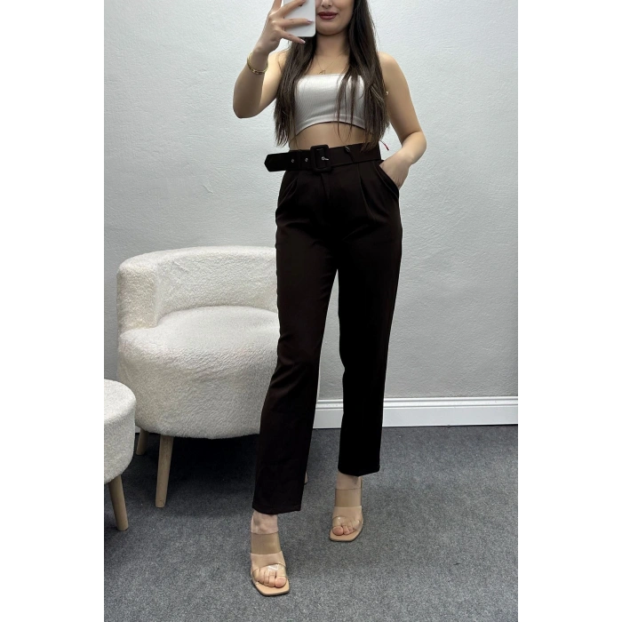 Kemerli Kumaş Pantolon Koyukahve - 20369.1397.