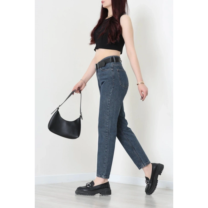Kemerli Mom Kot Pantolon Mavi - 2428763.1968.