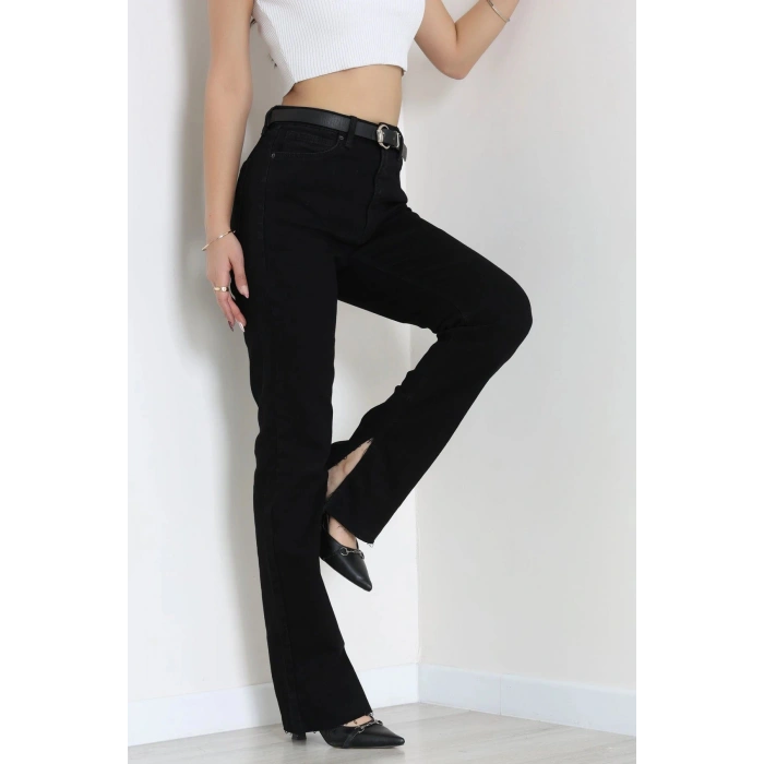 Kemerli Paça Yırtmaçlı Straight Kot Pantolon Siyah - 2904882.1968.