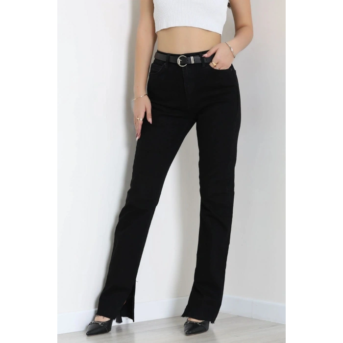 Kemerli Paça Yırtmaçlı Straight Kot Pantolon Siyah - 2904882.1968.