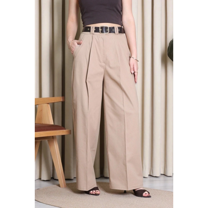 Kemerli Pamuk Gabardin Wide Leg Pantolon Camel - 32428.1397.