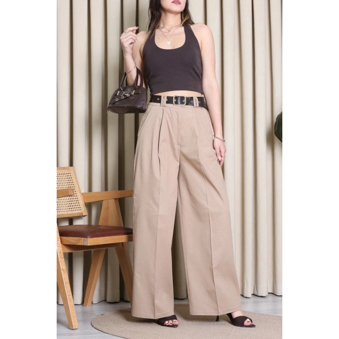 Kemerli Pamuk Gabardin Wide Leg Pantolon Camel - 32428.1397.