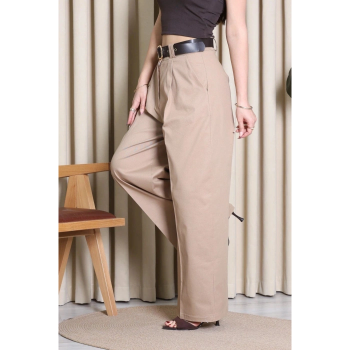 Kemerli Pamuk Gabardin Wide Leg Pantolon Camel - 32428.1397.