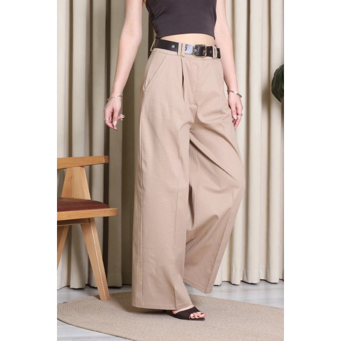 Kemerli Pamuk Gabardin Wide Leg Pantolon Camel - 32428.1397.