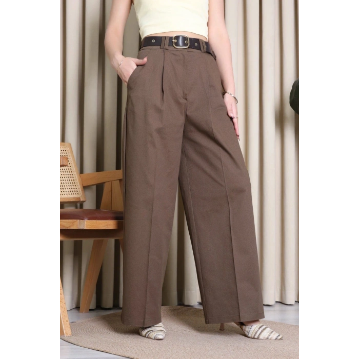 Kemerli Pamuk Gabardin Wide Leg Pantolon Kahve - 32428.1397.