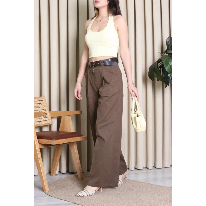 Kemerli Pamuk Gabardin Wide Leg Pantolon Kahve - 32428.1397.
