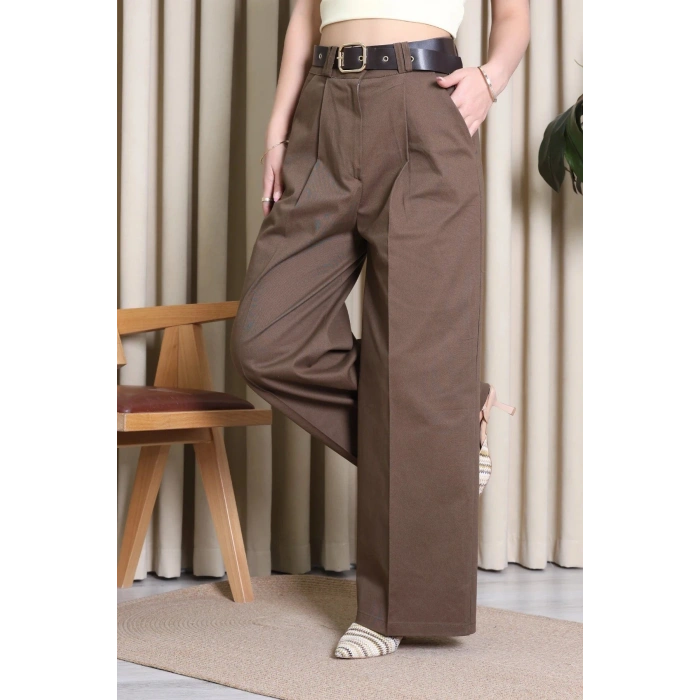 Kemerli Pamuk Gabardin Wide Leg Pantolon Kahve - 32428.1397.