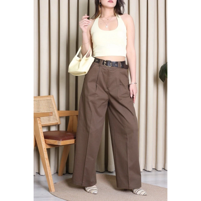 Kemerli Pamuk Gabardin Wide Leg Pantolon Kahve - 32428.1397.