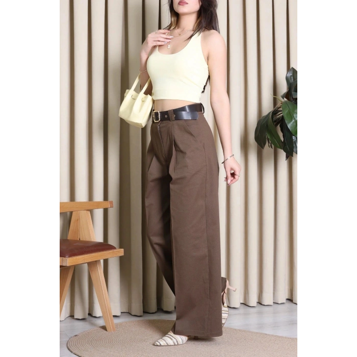 Kemerli Pamuk Gabardin Wide Leg Pantolon Kahve - 32428.1397.