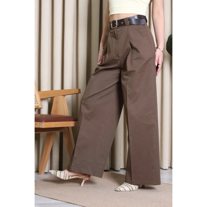 Kemerli Pamuk Gabardin Wide Leg Pantolon Kahve - 32428.1397.
