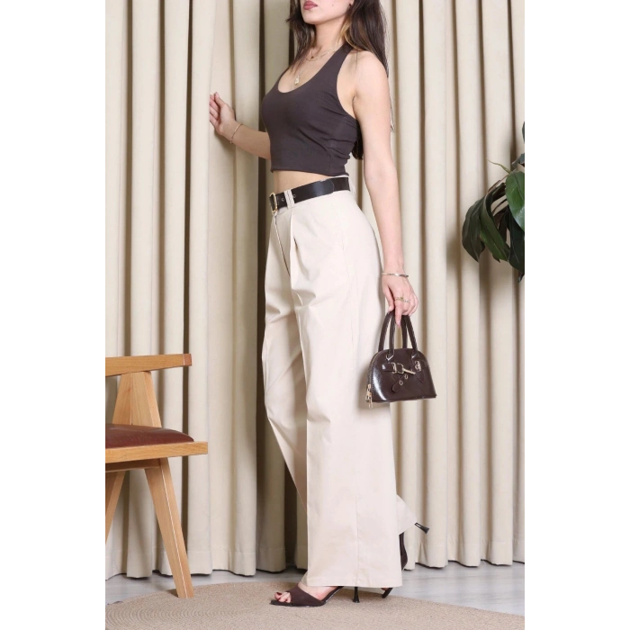 Kemerli Pamuk Gabardin Wide Leg Pantolon Krem - 32428.1397.