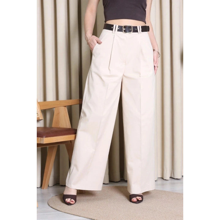 Kemerli Pamuk Gabardin Wide Leg Pantolon Krem - 32428.1397.