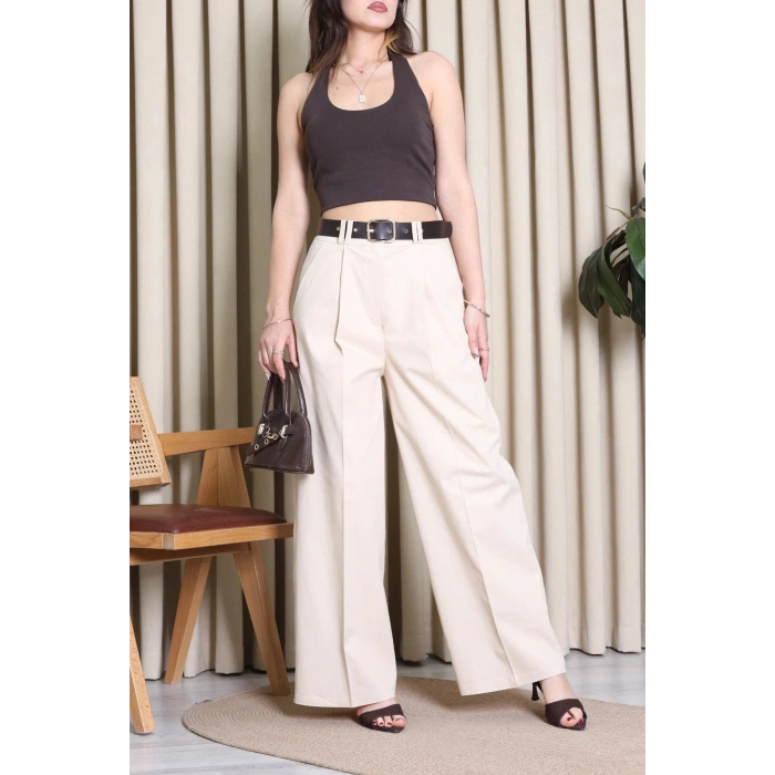 Kemerli Pamuk Gabardin Wide Leg Pantolon Krem - 32428.1397.