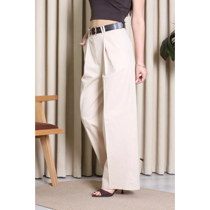 Kemerli Pamuk Gabardin Wide Leg Pantolon Krem - 32428.1397.