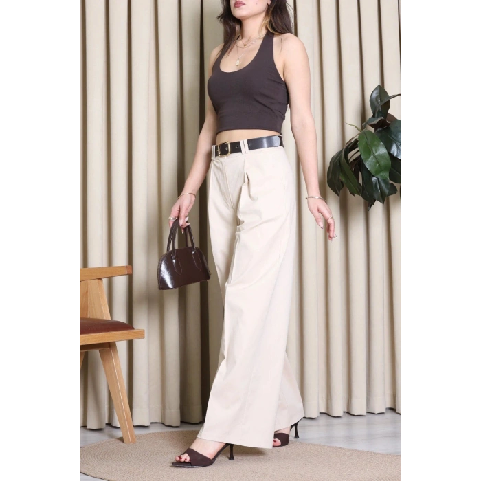 Kemerli Pamuk Gabardin Wide Leg Pantolon Krem - 32428.1397.