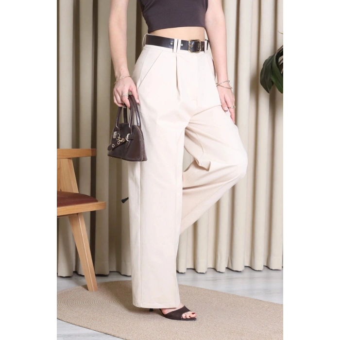 Kemerli Pamuk Gabardin Wide Leg Pantolon Krem - 32428.1397.