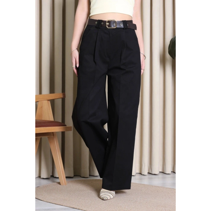 Kemerli Pamuk Gabardin Wide Leg Pantolon Siyah - 32428.1397.
