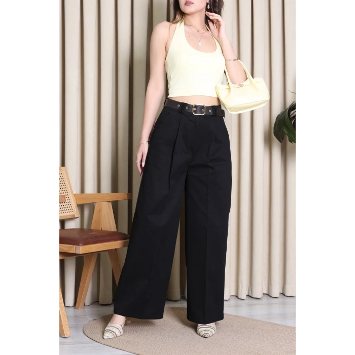 Kemerli Pamuk Gabardin Wide Leg Pantolon Siyah - 32428.1397.