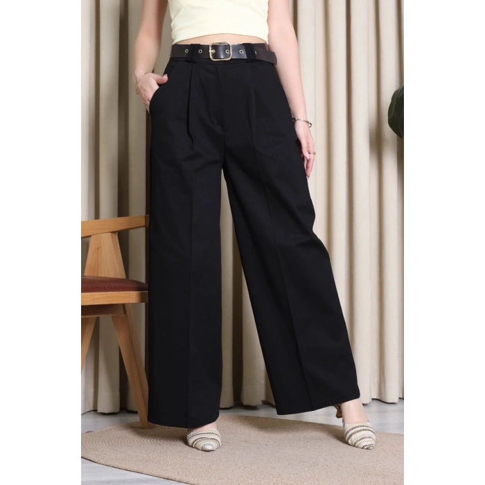 Kemerli Pamuk Gabardin Wide Leg Pantolon Siyah - 32428.1397.