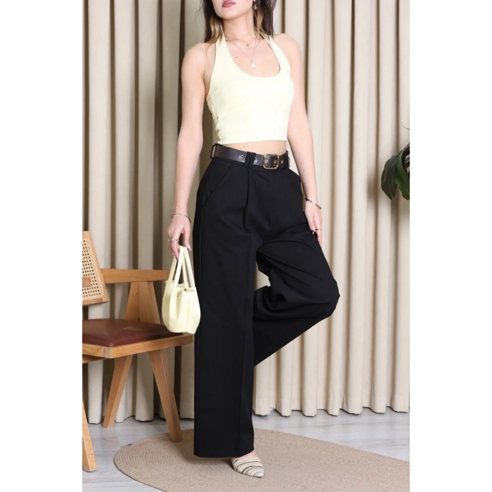 Kemerli Pamuk Gabardin Wide Leg Pantolon Siyah - 32428.1397.