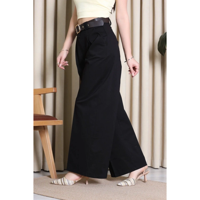 Kemerli Pamuk Gabardin Wide Leg Pantolon Siyah - 32428.1397.