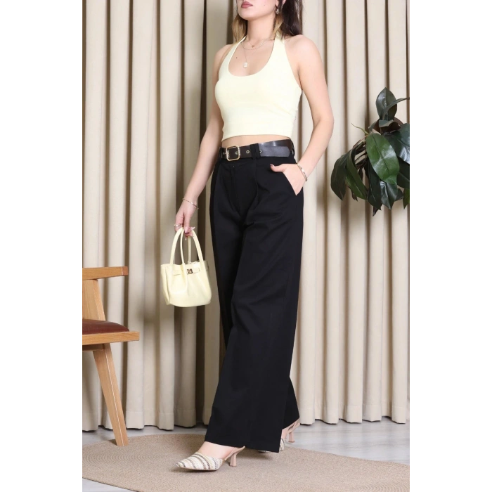 Kemerli Pamuk Gabardin Wide Leg Pantolon Siyah - 32428.1397.