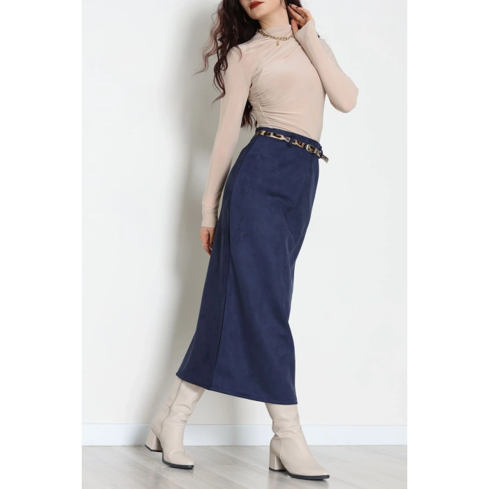 Kemerli Süet Etek Lacivert - 60653.2126.