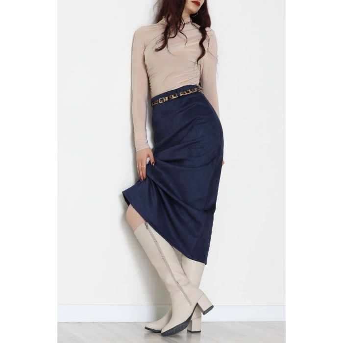 Kemerli Süet Etek Lacivert - 60653.2126.