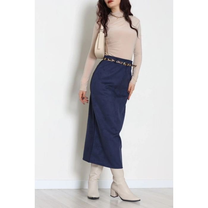 Kemerli Süet Etek Lacivert - 60653.2126.
