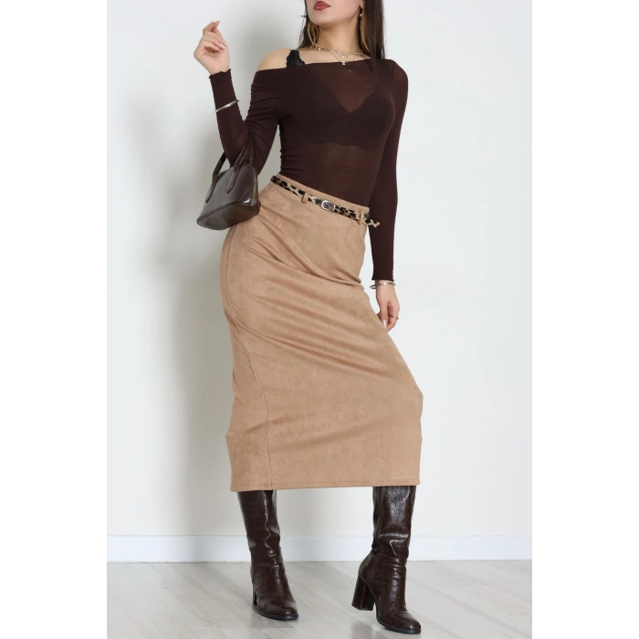 Kemerli Süet Etek Vizon - 60653.2126.