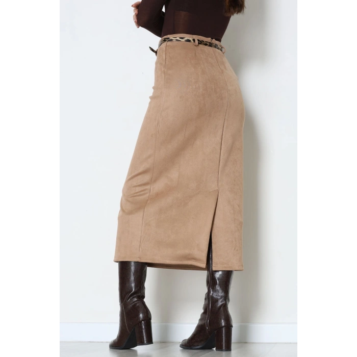 Kemerli Süet Etek Vizon - 60653.2126.