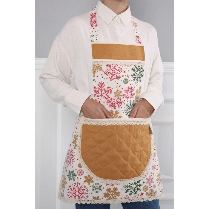 Kenarları Dantelli Mutfak Önlüğü,MO-2 Yıldız 1 Desen - Hardal - Krem