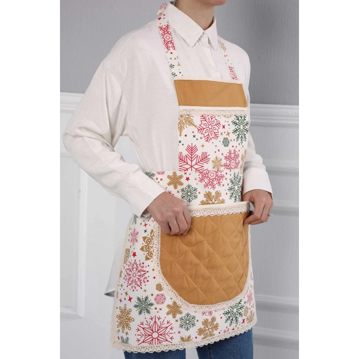 Kenarları Dantelli Mutfak Önlüğü,MO-2 Yıldız 1 Desen - Hardal - Krem