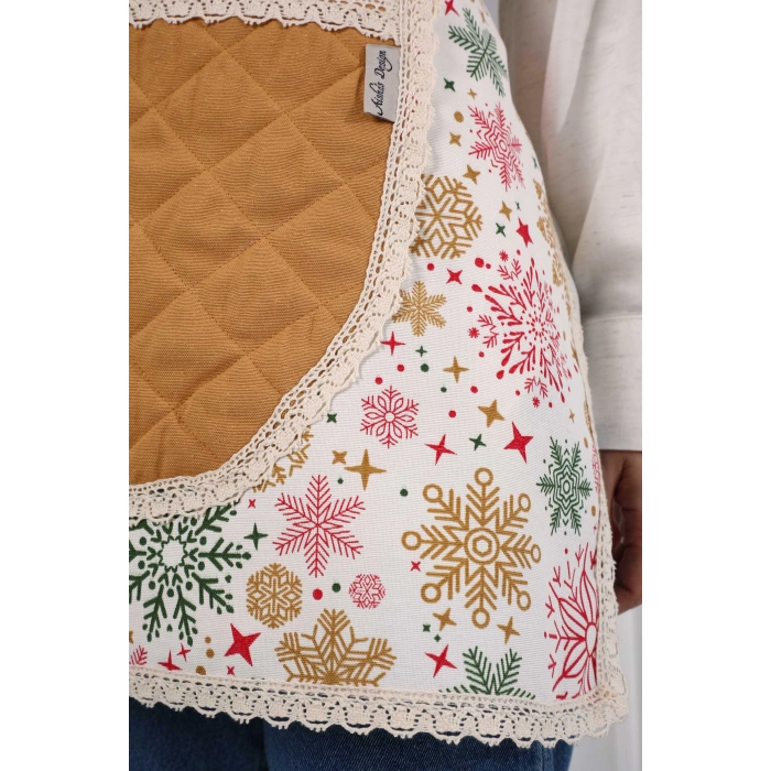 Kenarları Dantelli Mutfak Önlüğü,MO-2 Yıldız 1 Desen - Hardal - Krem